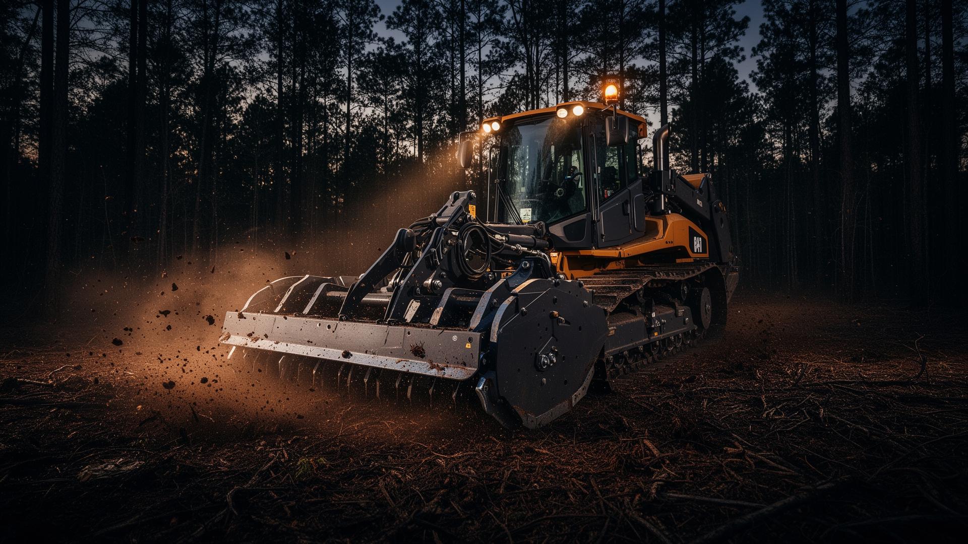 Heavy-duty forestry mulcher clearing Texas land at dusk